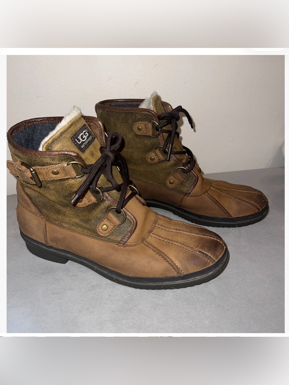 UGG Women’s Tan and  Brown Leather Lace-Up Boots